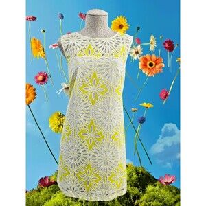 CS Women's XL Weston Anthrop Yellow Floral Lace Overlay Shift Summer Dress EUC